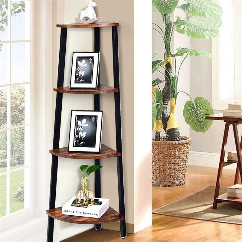 Pemberly Row 4-Tier Particle Board & Metal Brown/Black Corner Domestic Bookcase