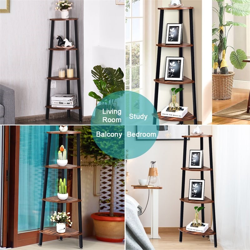 Pemberly Row 4-Tier Particle Board & Metal Brown/Black Corner Domestic Bookcase