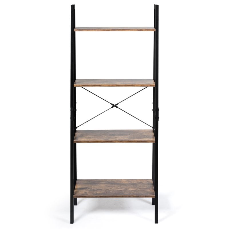 Pemberly Row 4-Tier Wood and Metal Ladder Bookcase in Natural and Black