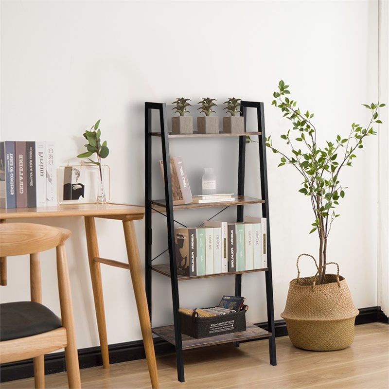 Pemberly Row 4-Tier Wood and Metal Ladder Bookcase in Natural and Black