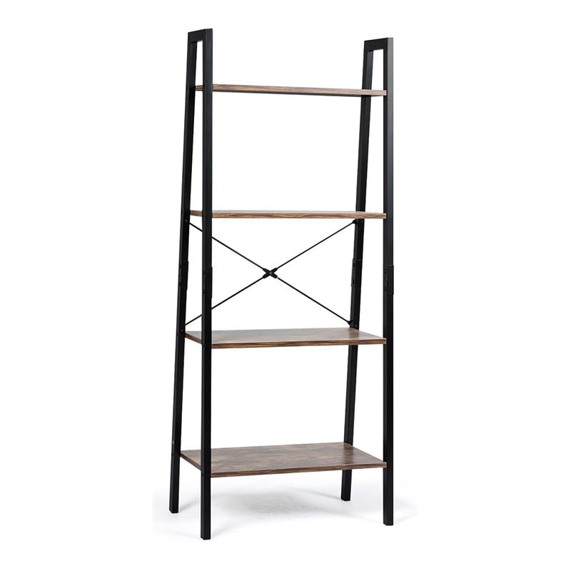 Pemberly Row 4-Tier Wood and Metal Ladder Bookcase in Natural and Black