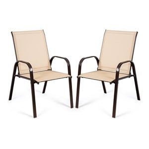 Pemberly Row Steel & Fabric Patio Dining Chairs with Armrest in Beige (Set of 2)