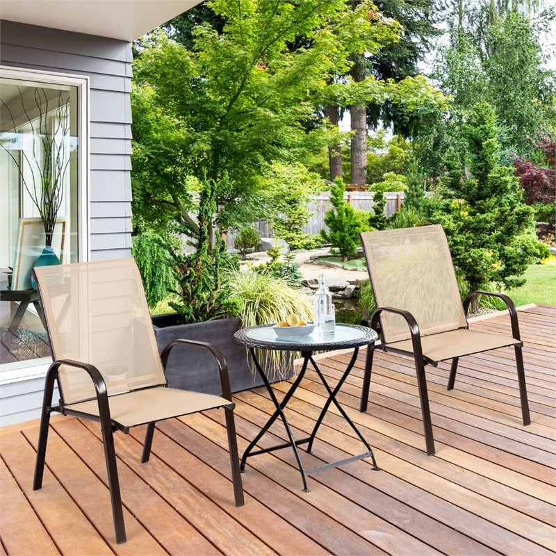Pemberly Row Steel & Fabric Patio Dining Chairs with Armrest in Beige (Set of 2)