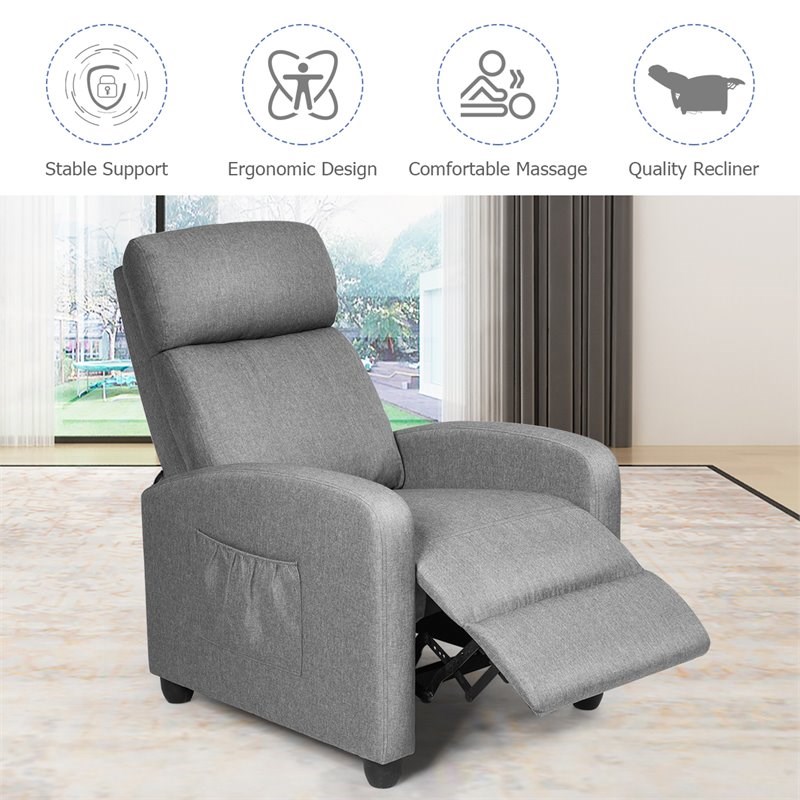Pemberly Row Fabric and Iron Recliner Chair with Padded Seat in Gray