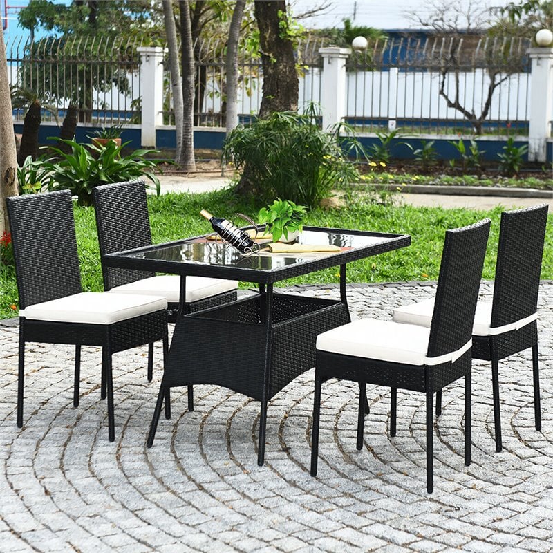 Pemberly Row 5-Pc Rattan and Steel Patio Dining Set with Glass Tabletop in Black