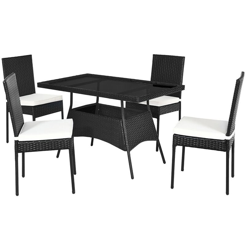 Pemberly Row 5-Pc Rattan and Steel Patio Dining Set with Glass Tabletop in Black