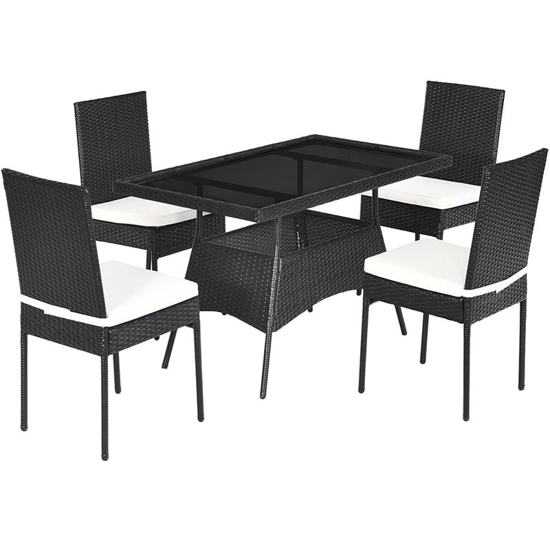 Pemberly Row 5-Pc Rattan and Steel Patio Dining Set with Glass Tabletop in Black