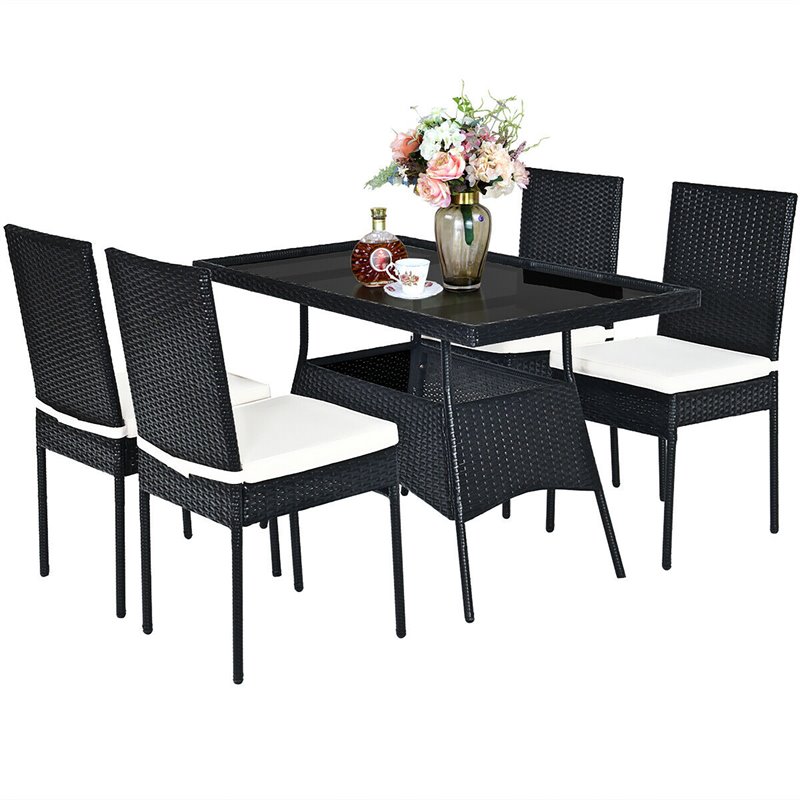 Pemberly Row 5-Pc Rattan and Steel Patio Dining Set with Glass Tabletop in Black