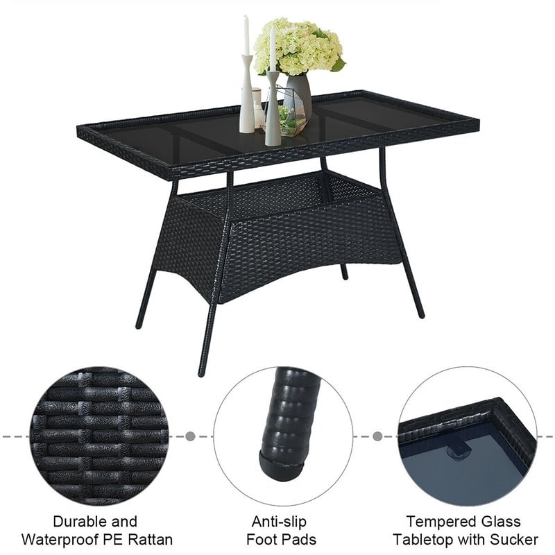 Pemberly Row 5-Pc Rattan and Steel Patio Dining Set with Glass Tabletop in Black