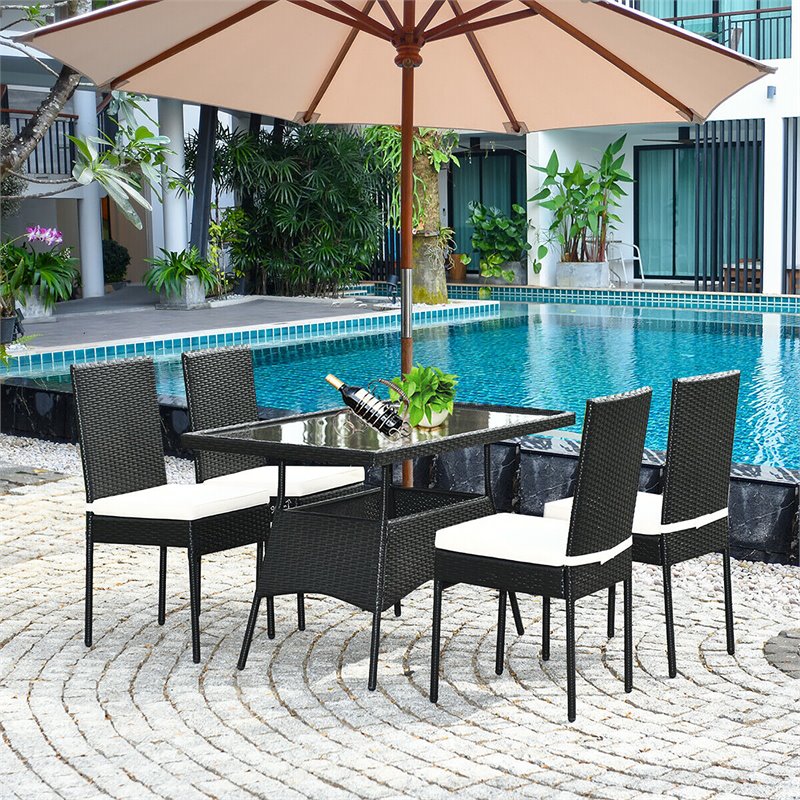 Pemberly Row 5-Pc Rattan and Steel Patio Dining Set with Glass Tabletop in Black