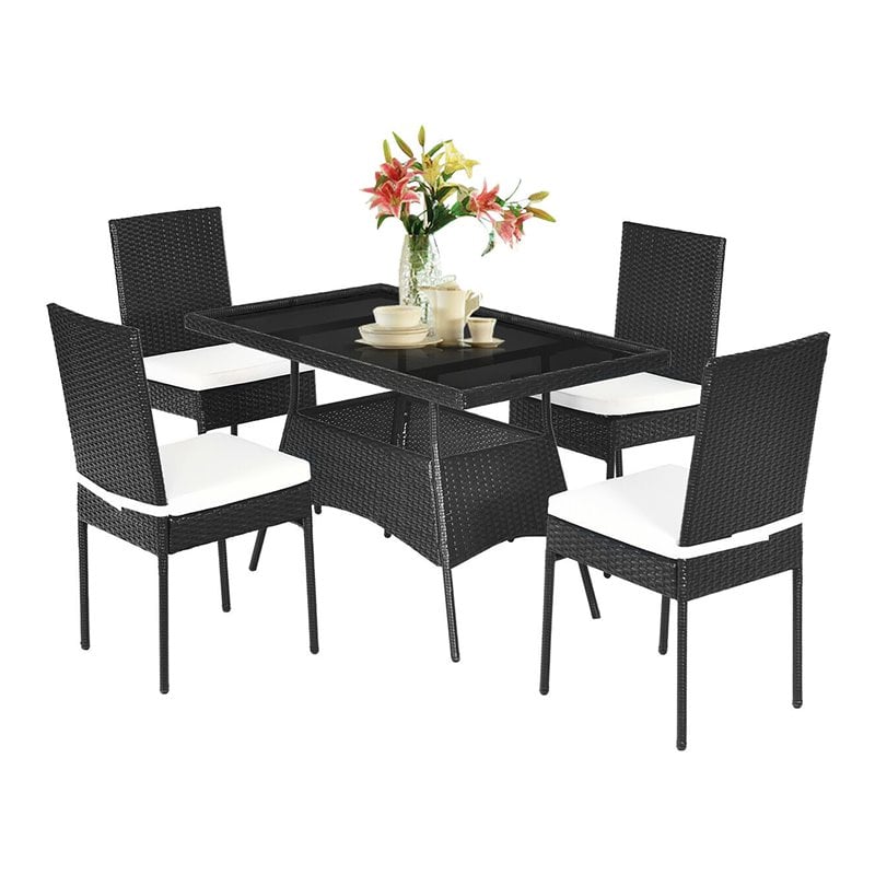 Pemberly Row 5-Pc Rattan and Steel Patio Dining Set with Glass Tabletop in Black