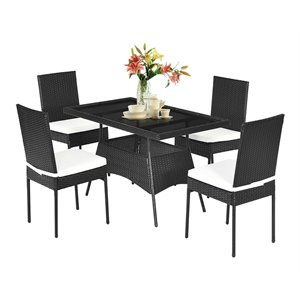 Pemberly Row 5-Pc Rattan and Steel Patio Dining Set with Glass Tabletop in Black
