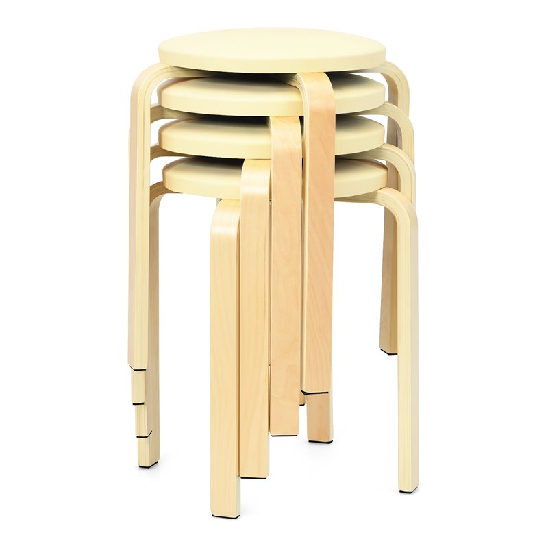 Pemberly Row Bentwood and PU Leather Stool with Padded Seat in Beige (Set of 4)