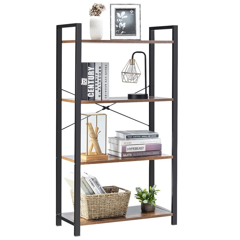 Pemberly Row 4-tier Particle Board and Iron Bookshelf in Rustic Brown