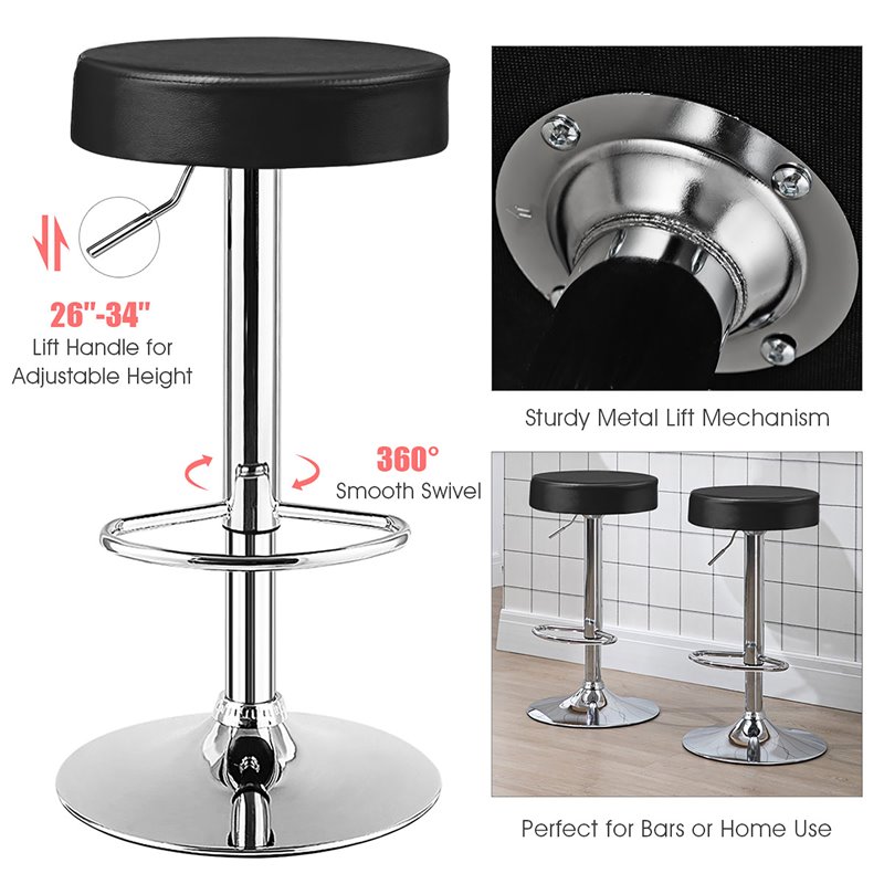 Pemberly Row Leather & Steel Adjustable Swivel Bar Stool with Footrest in Black