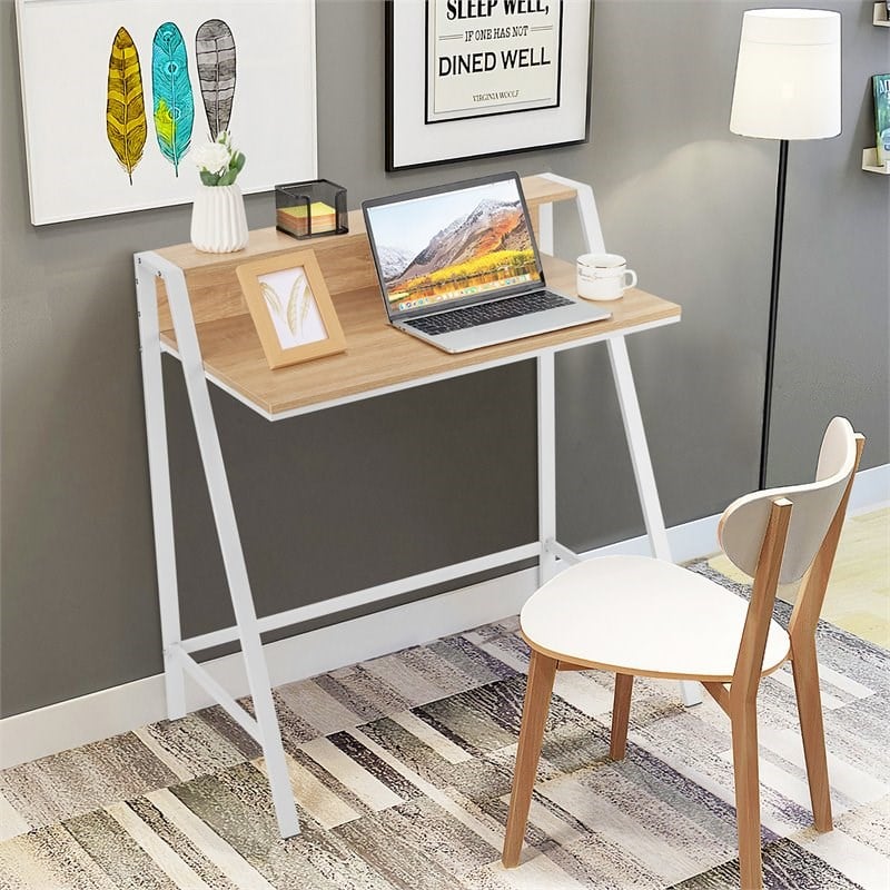 Pemberly Row 2-tier Contemporary Engineered Wood Computer Desk in Natural
