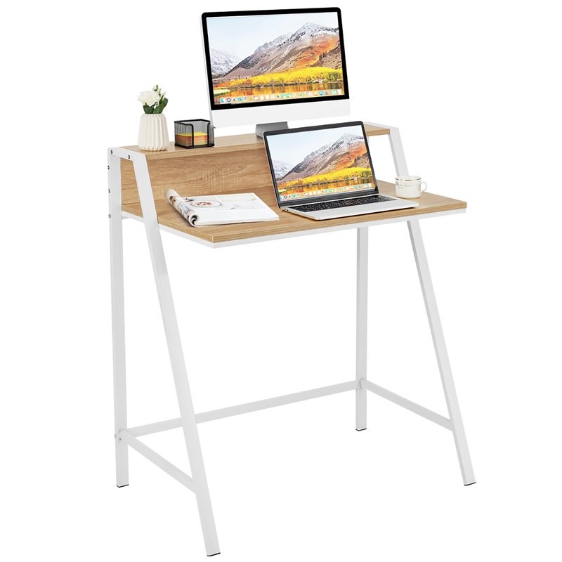 Pemberly Row 2-tier Contemporary Engineered Wood Computer Desk in Natural