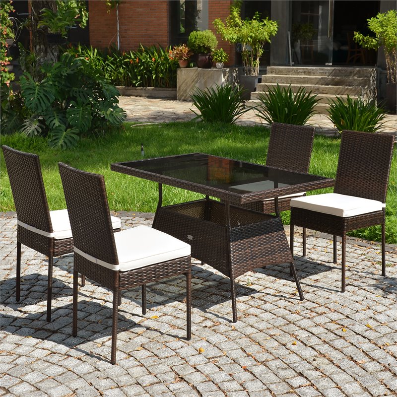 Pemberly Row 5-Pc Rattan & Steel Patio Dining Set with High Back Chair in Brown