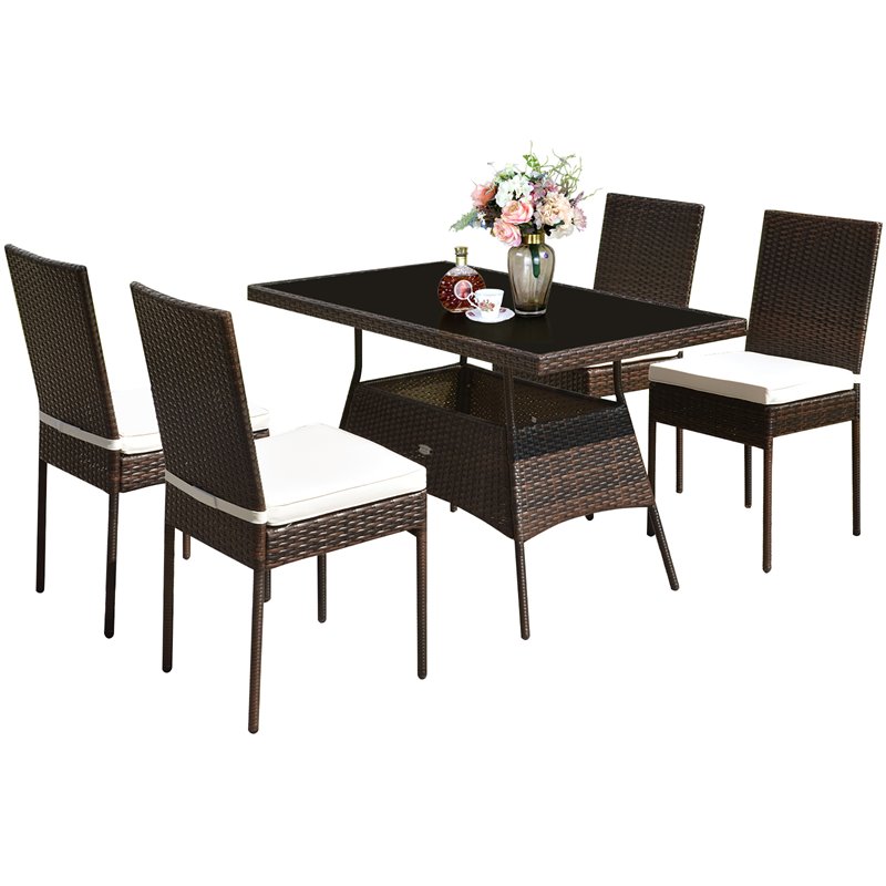 Pemberly Row 5-Pc Rattan & Steel Patio Dining Set with High Back Chair in Brown