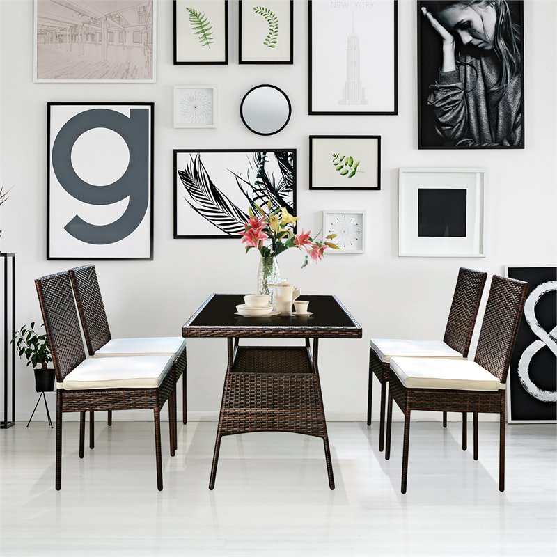 Pemberly Row 5-Pc Rattan & Steel Patio Dining Set with High Back Chair in Brown