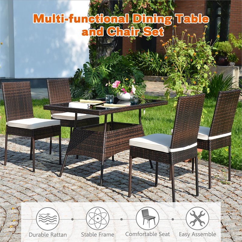 Pemberly Row 5-Pc Rattan & Steel Patio Dining Set with High Back Chair in Brown