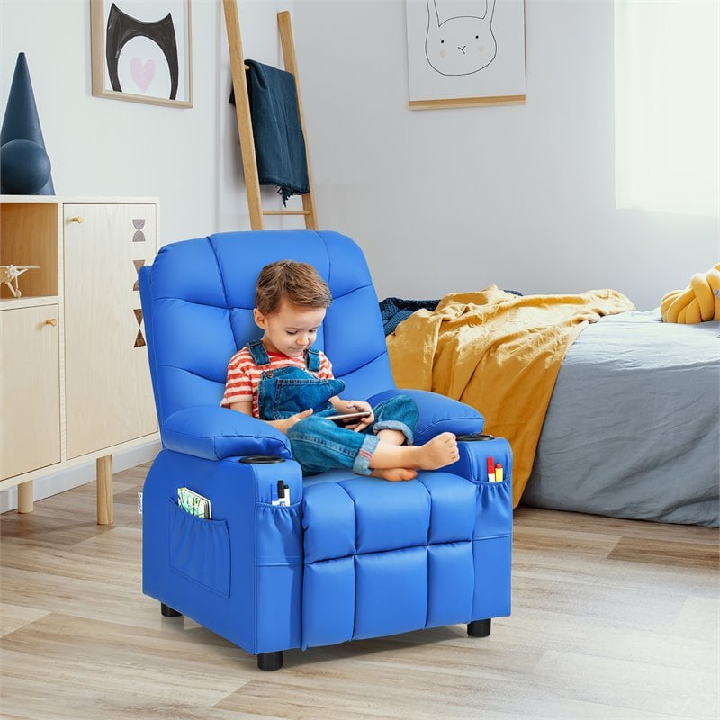 Pemberly Row Youth Recliner Chair with Cup Holders and Side Pockets in Blue