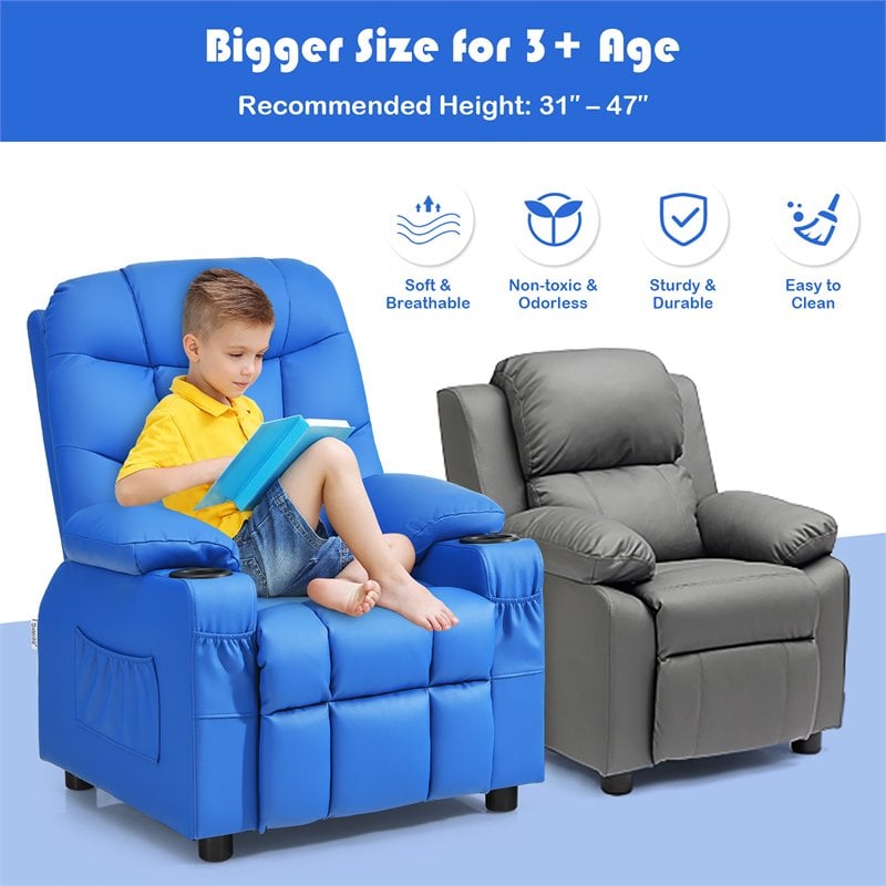 Pemberly Row Youth Recliner Chair with Cup Holders and Side Pockets in Blue