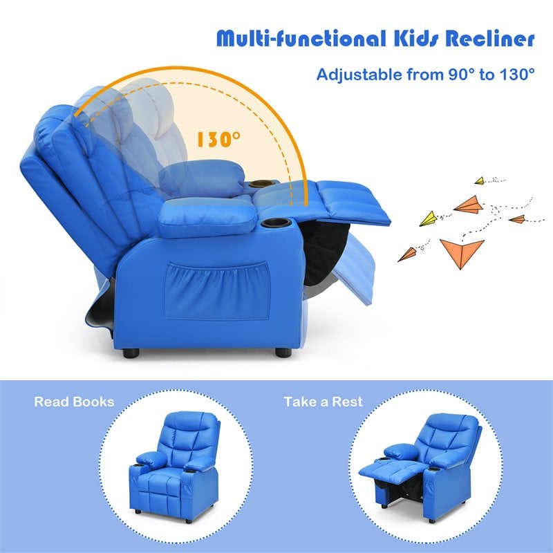 Pemberly Row Youth Recliner Chair with Cup Holders and Side Pockets in Blue