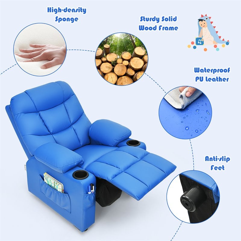 Pemberly Row Youth Recliner Chair with Cup Holders and Side Pockets in Blue