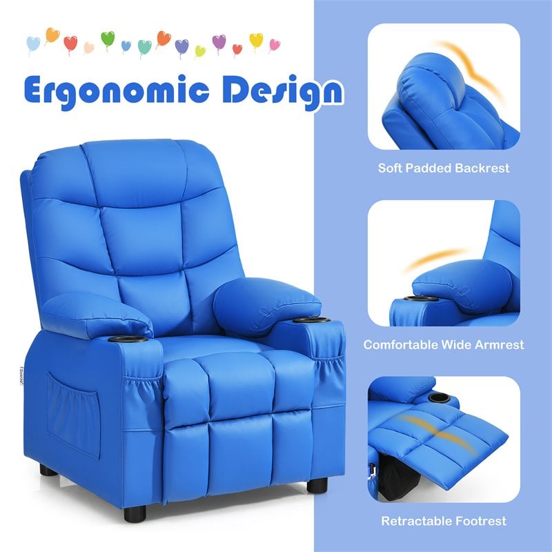 Pemberly Row Youth Recliner Chair with Cup Holders and Side Pockets in Blue