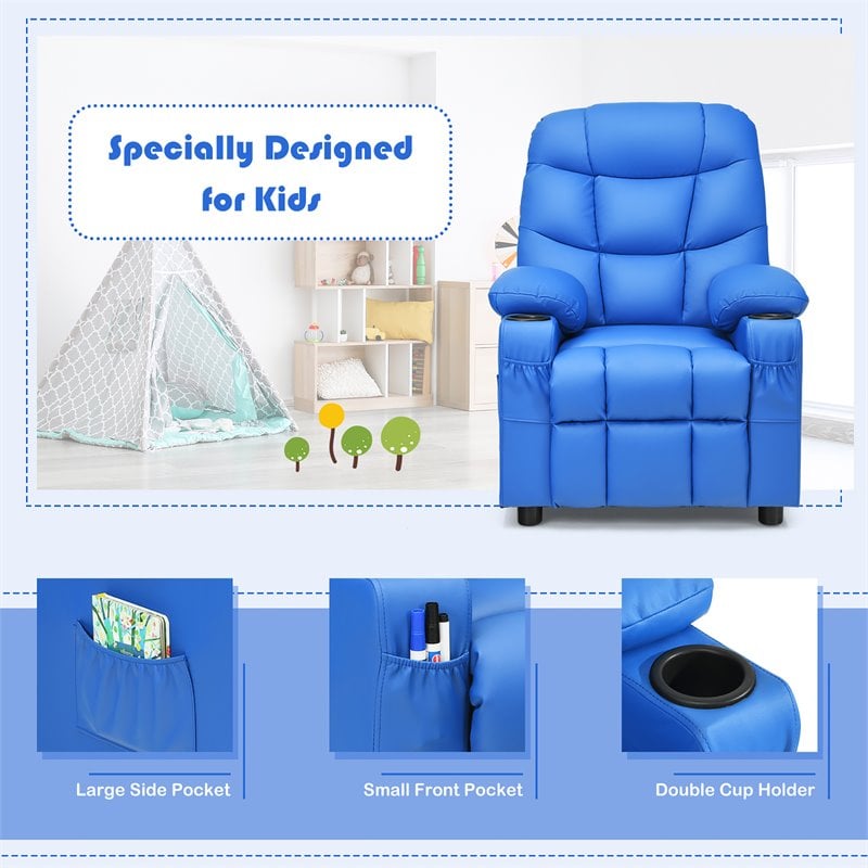 Pemberly Row Youth Recliner Chair with Cup Holders and Side Pockets in Blue