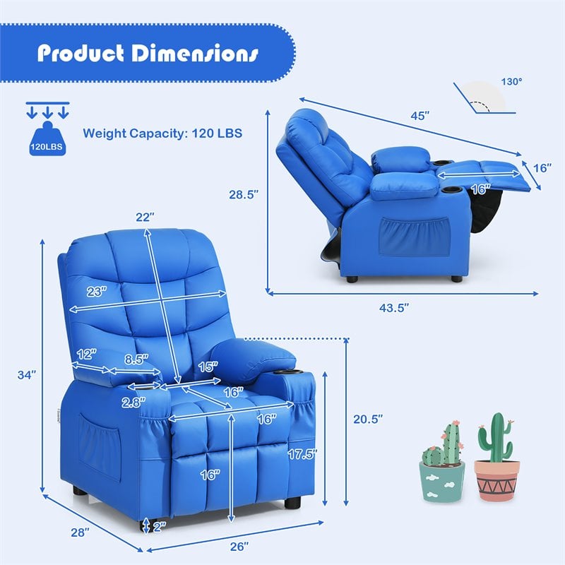 Pemberly Row Youth Recliner Chair with Cup Holders and Side Pockets in Blue