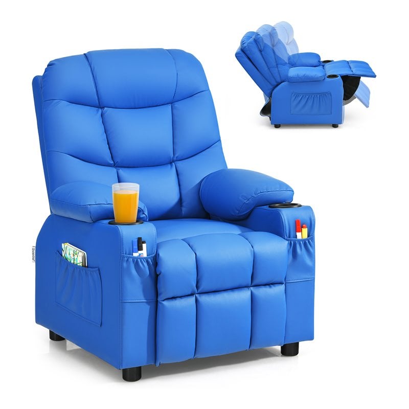 Pemberly Row Youth Recliner Chair with Cup Holders and Side Pockets in Blue