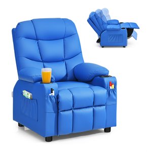 Pemberly Row Youth Recliner Chair with Cup Holders and Side Pockets in Blue