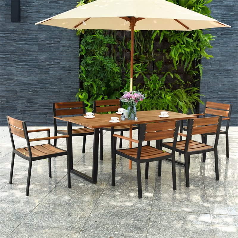 Pemberly Row 7-piece Acacia Wood Patio Dining Set with Umbrella Hole in Brown