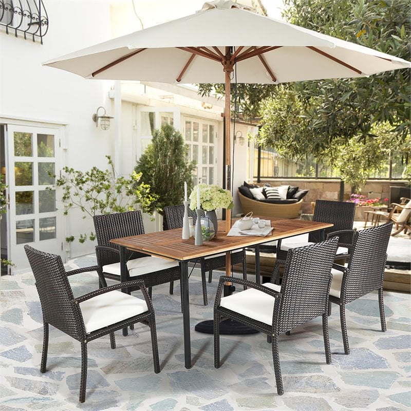 Pemberly Row 7-Pc Rattan and Steel Patio Dining Set with Umbrella Hole in Brown