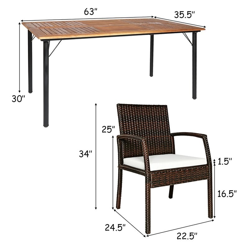 Pemberly Row 7-Pc Rattan and Steel Patio Dining Set with Umbrella Hole in Brown