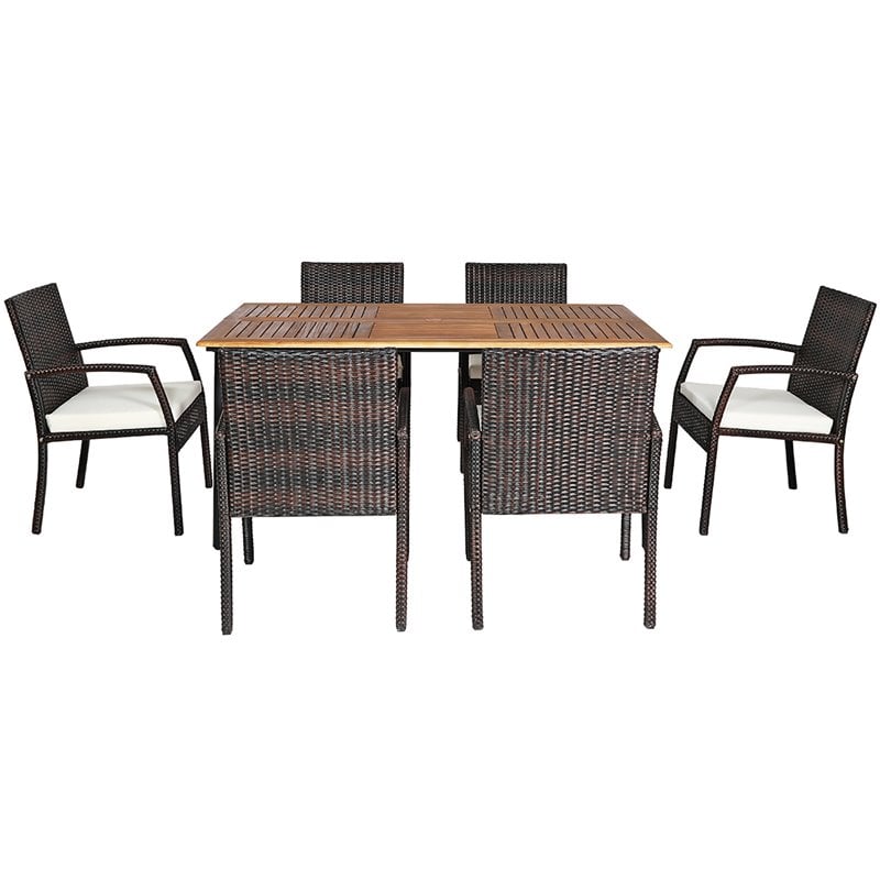 Pemberly Row 7-Pc Rattan and Steel Patio Dining Set with Umbrella Hole in Brown