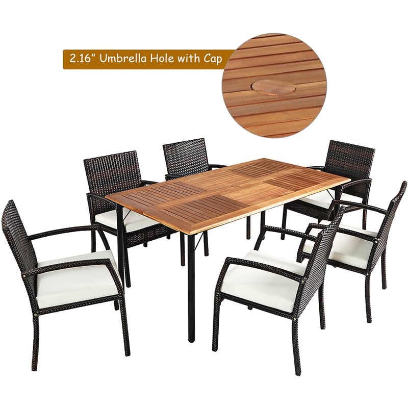 Pemberly Row 7-Pc Rattan and Steel Patio Dining Set with Umbrella Hole in Brown