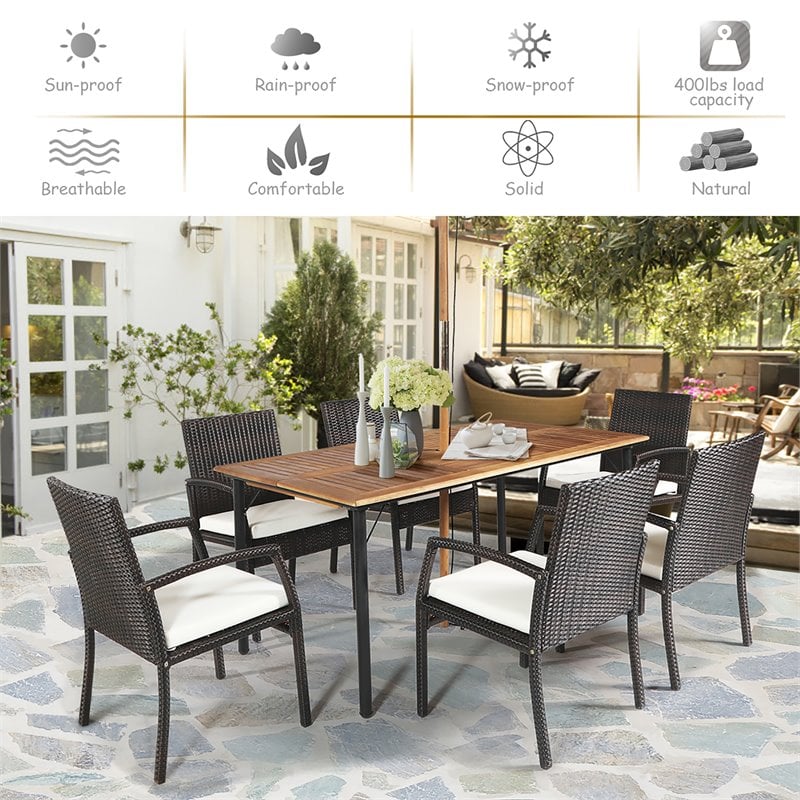 Pemberly Row 7-Pc Rattan and Steel Patio Dining Set with Umbrella Hole in Brown