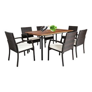 Pemberly Row 7-Pc Rattan and Steel Patio Dining Set with Umbrella Hole in Brown