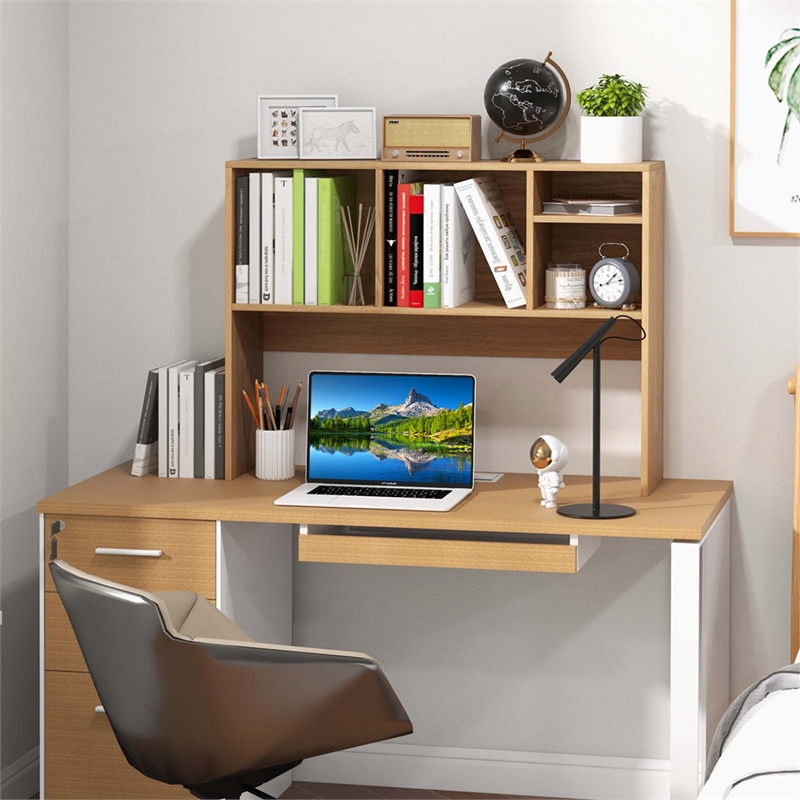 Pemberly Row Computer Desktop Bookcase Countertop Storage Bookshelf in Natural
