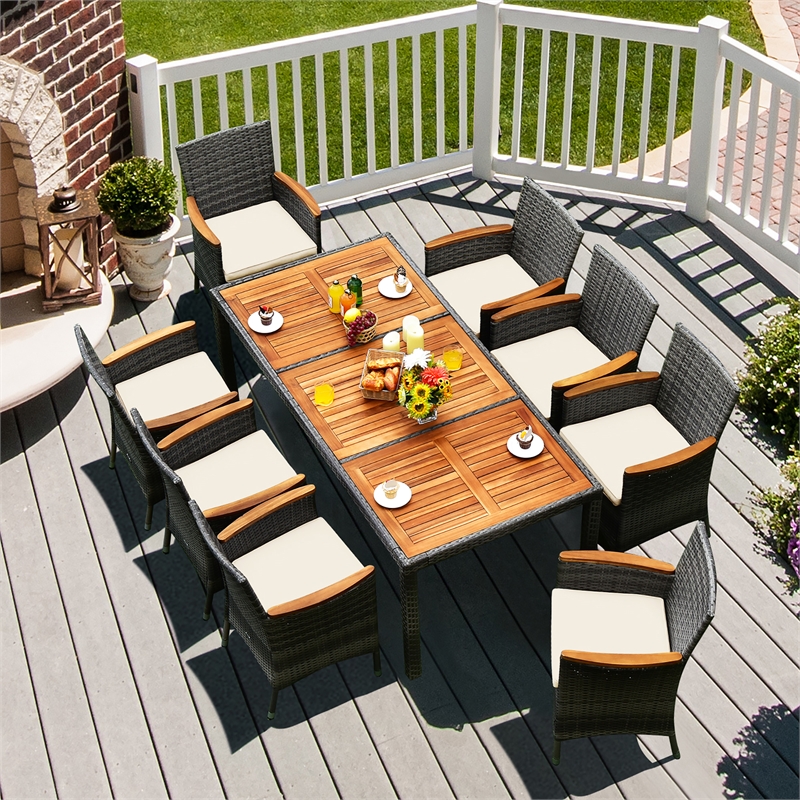 Pemberly Row 9PCS Patio Rattan Dining Set Wood Table Chair Set Mix Gray