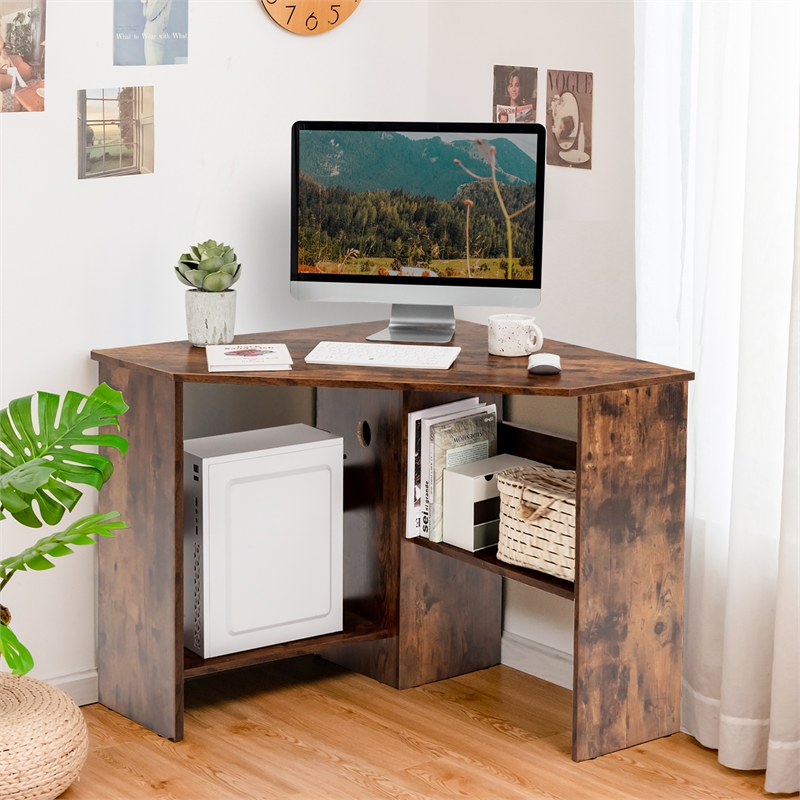 Pemberly Row Corner Computer Desk Writing Workstation Rustic Brown