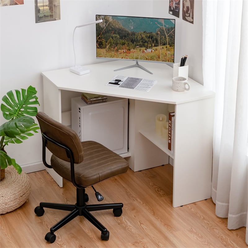 Pemberly Row Contemporary Wood Corner Computer Desk Writing Workstation in White