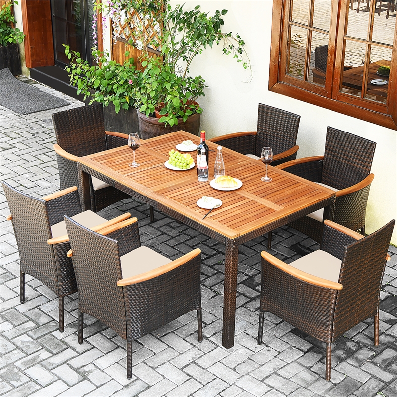 Pemberly Row 7PCS Patio Rattan Dining Set Armrest Cushioned Chair Wooden Brown