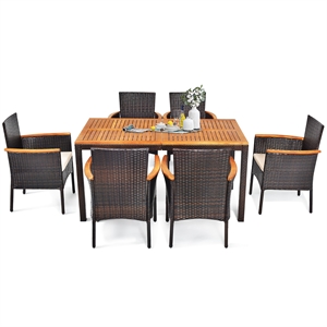 Pemberly Row 7PCS Patio Rattan Dining Set Armrest Cushioned Chair Wooden Brown