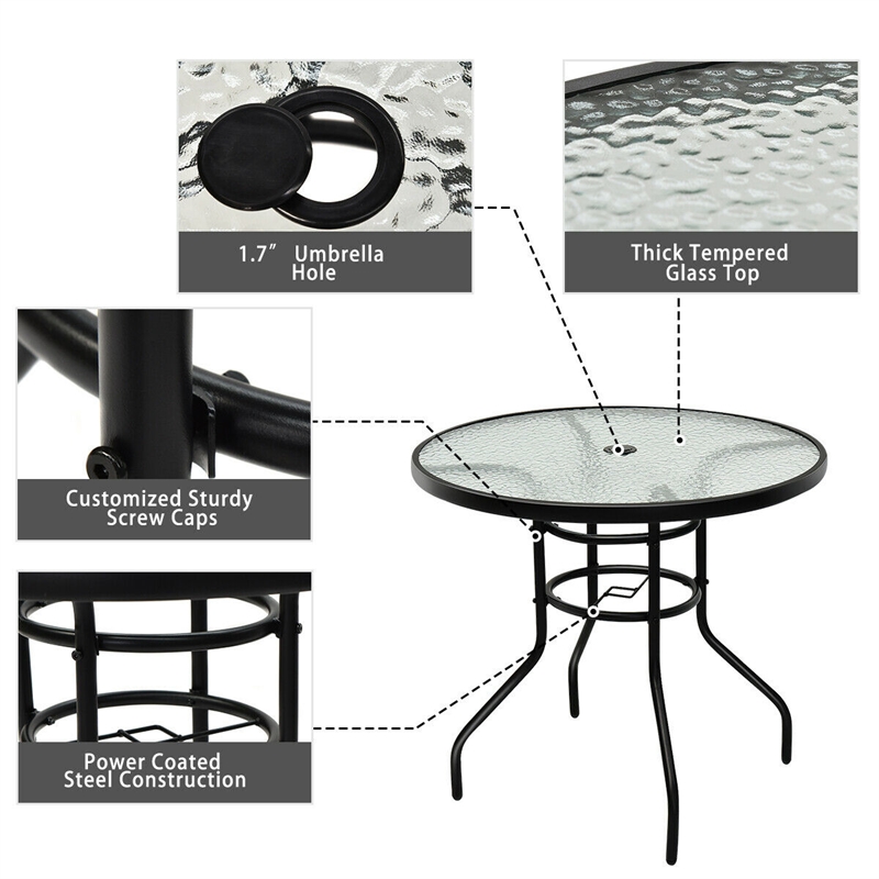 Pemberly Row Patio Round Table Tempered Glass Steel Frame in White
