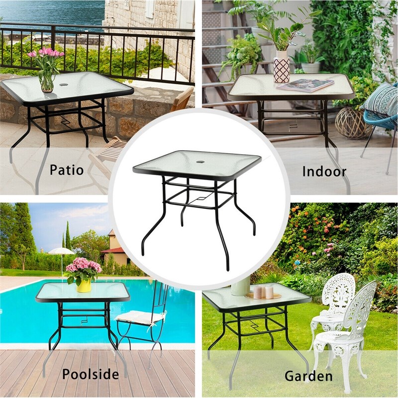 Pemberly Row Outdoor Patio Square Table Tempered Glass Steel Frame in Black