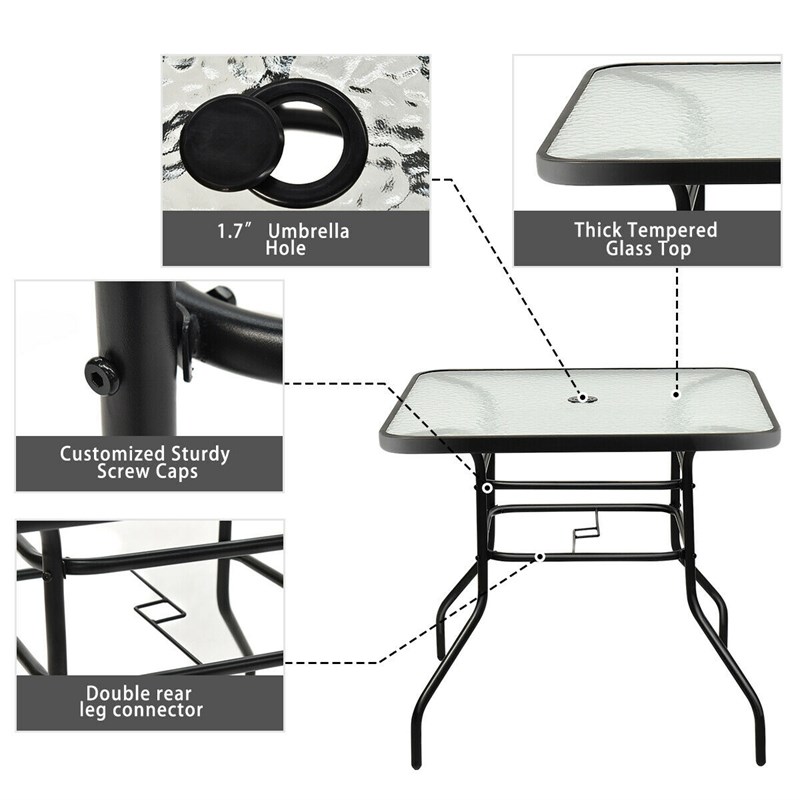 Pemberly Row Outdoor Patio Square Table Tempered Glass Steel Frame in Black